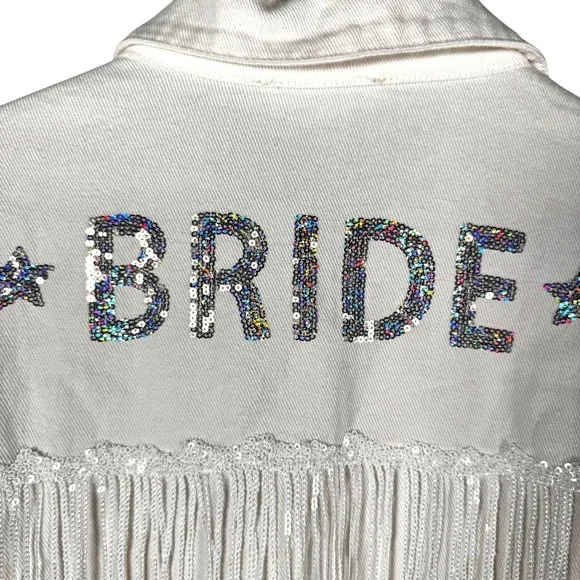 Peach Love California Bride Denim Jacket Womens L White Sequin Fringe Cropped - Picture 5 of 11